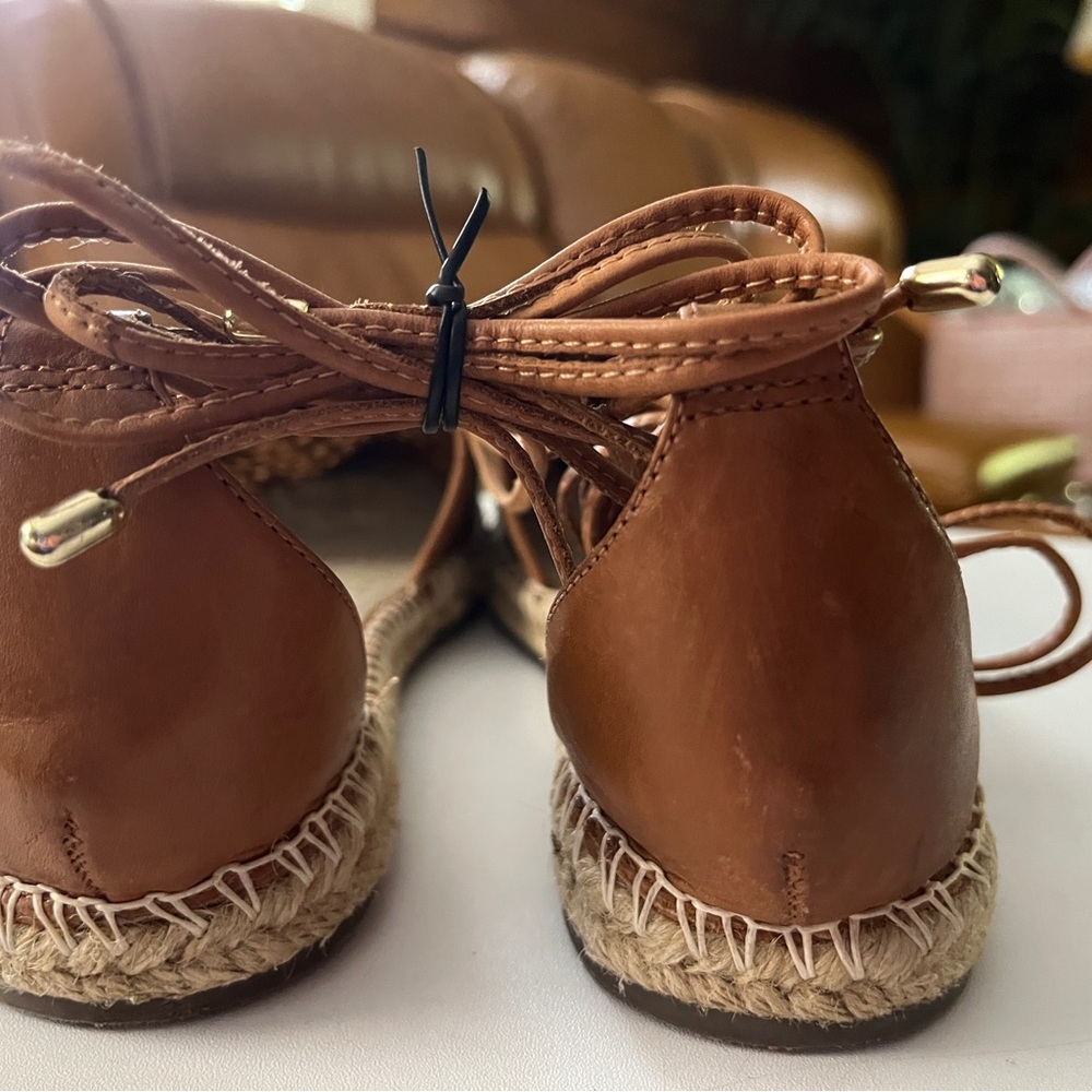 Anthropologie size 8 Brown Leather Laser-Cut Espadrille Ankle-Tie Sandals - Picture 6 of 7